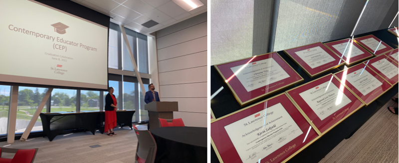 The CEP graduation presentation and a table with the certificates in frames laid out on a table